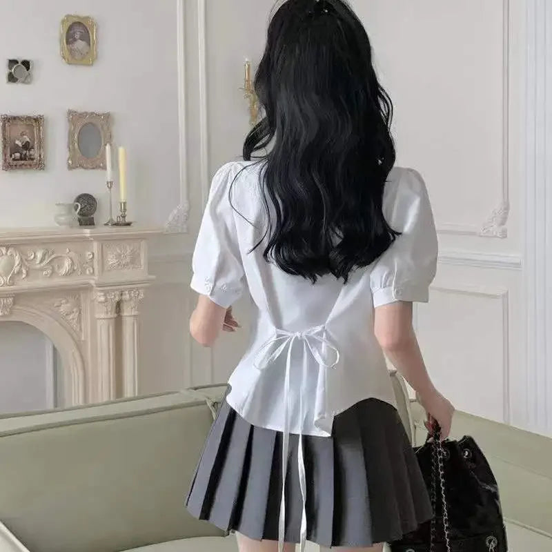 Chemise blanche basique style preppy pour femme, haut moulant à manches longues, chemisier tunique à boutons style écolière, haut décontracté pour femme