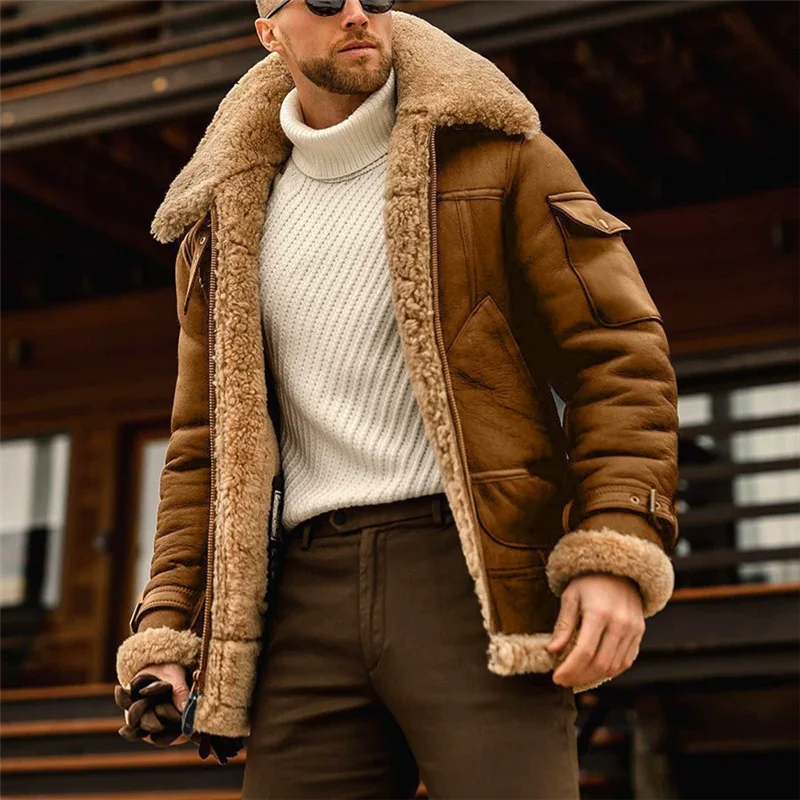 Winter Faux Leather Jackets Men Fleece Turn Down Collar Motorcycle Coat Solid Male Warm Thick Windproof Zipper Casual Outwear