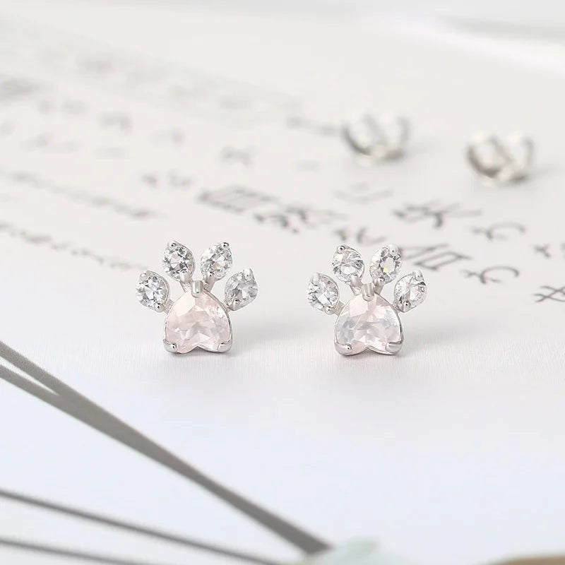 Pendientes LAMOON de pata de gato en plata de ley 925 para mujer, pendientes de botón con cuarzo rosa, pendientes de botón con piedras preciosas, joyería fina EI040-2