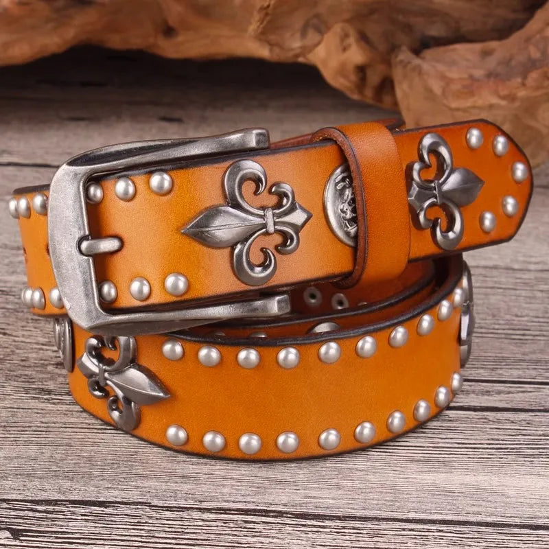 High Quality Metal Rivet Cowboy Belt Top Grain Genuine Leather Cowskin Men Belt Punk Rivet Jeans Belts for Men