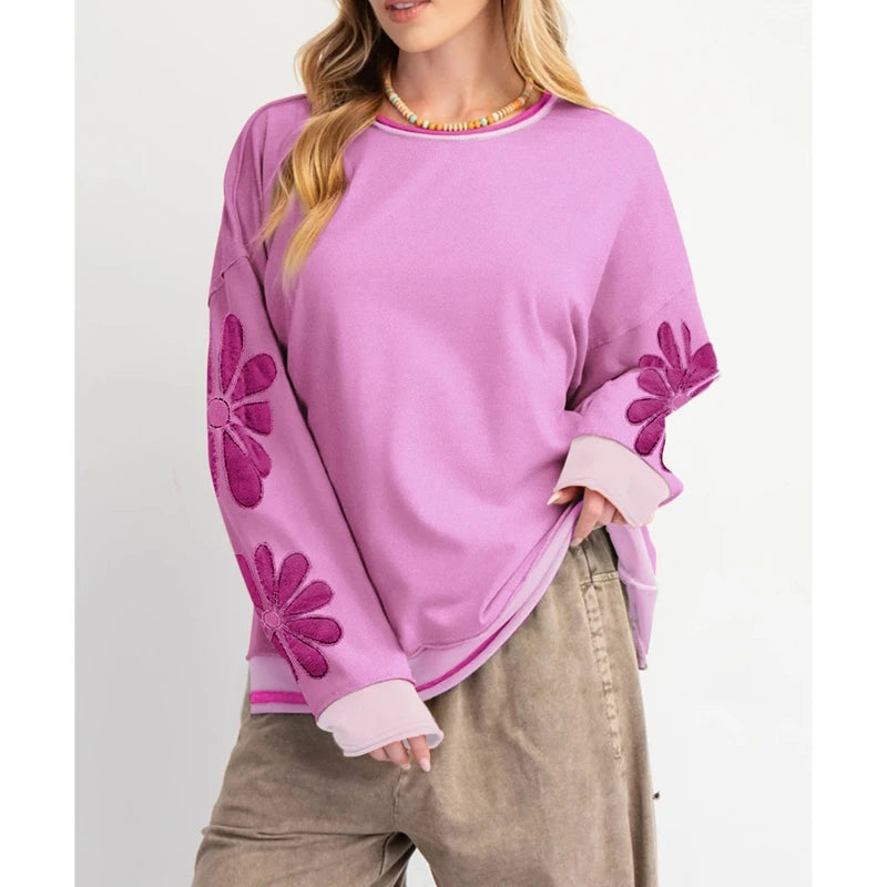 Combhasaki Women Cute Floral Embroidery Sweatshirt Teen Girls Y2K Colorful Layered Hem Oversized Loose Fit Preppy Pullover Tops