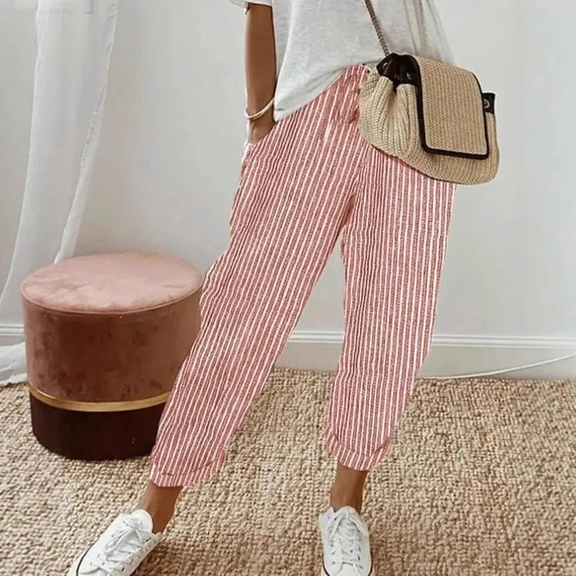 European and American Cross Border Women's Summer New Fashionable Loose Stripe Printed Elastic Waist Drawstring Casual Pants
