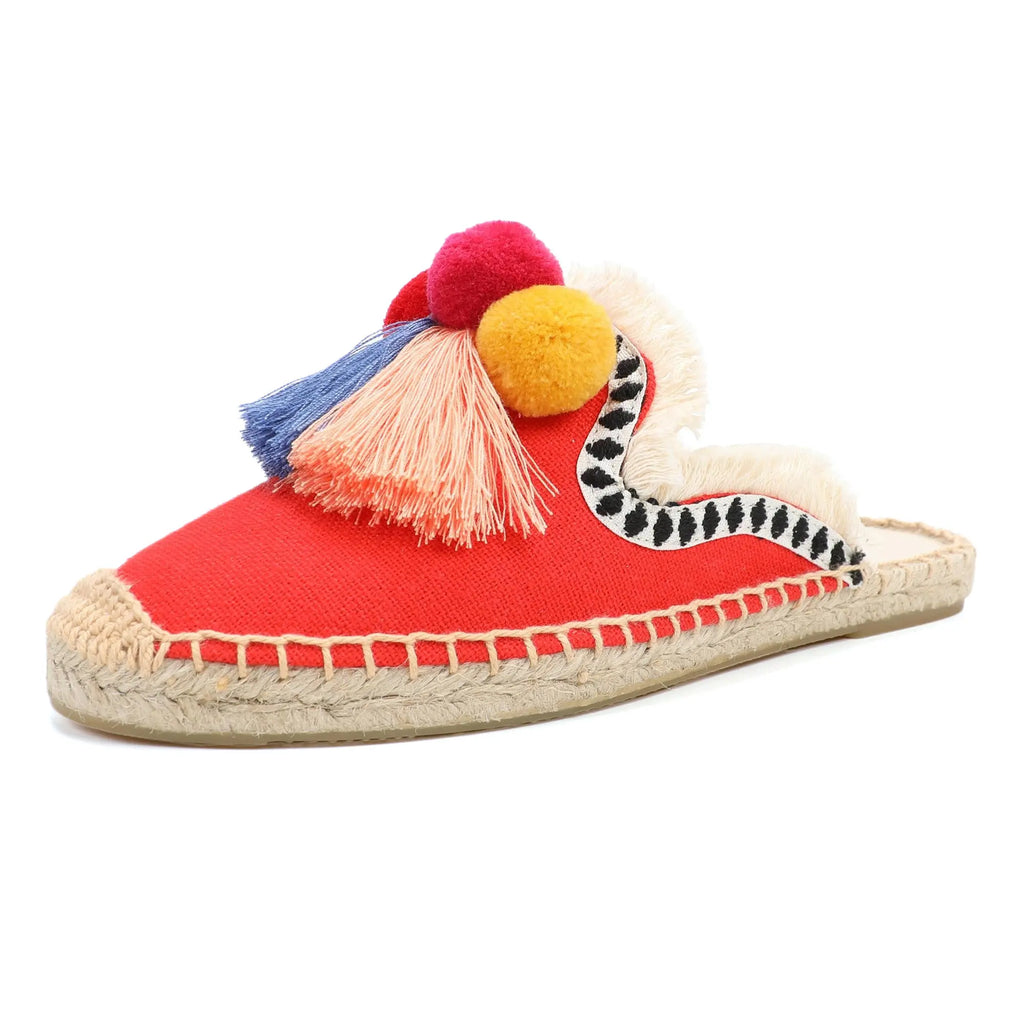 Women's Slippers  Espadrilles  Fluffy Ball Mule Slides Sale -  Rubber Hemp Shoes Outside Spring  Women  Sandals