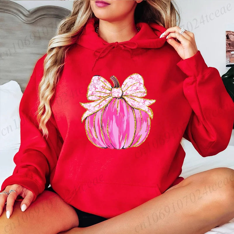 Breast Cancer Pumpkin Design Hoodies Breast Cancer Awareness Graphic Hooded Sweatshirts in October We Wear Pink Tracksuits Gifts