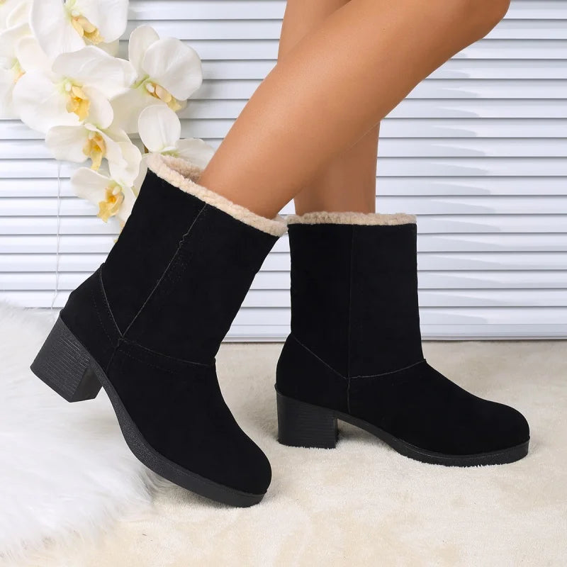 Women's Mid-Calf Square Heel Microfiber Winter Boots with Plush Lining