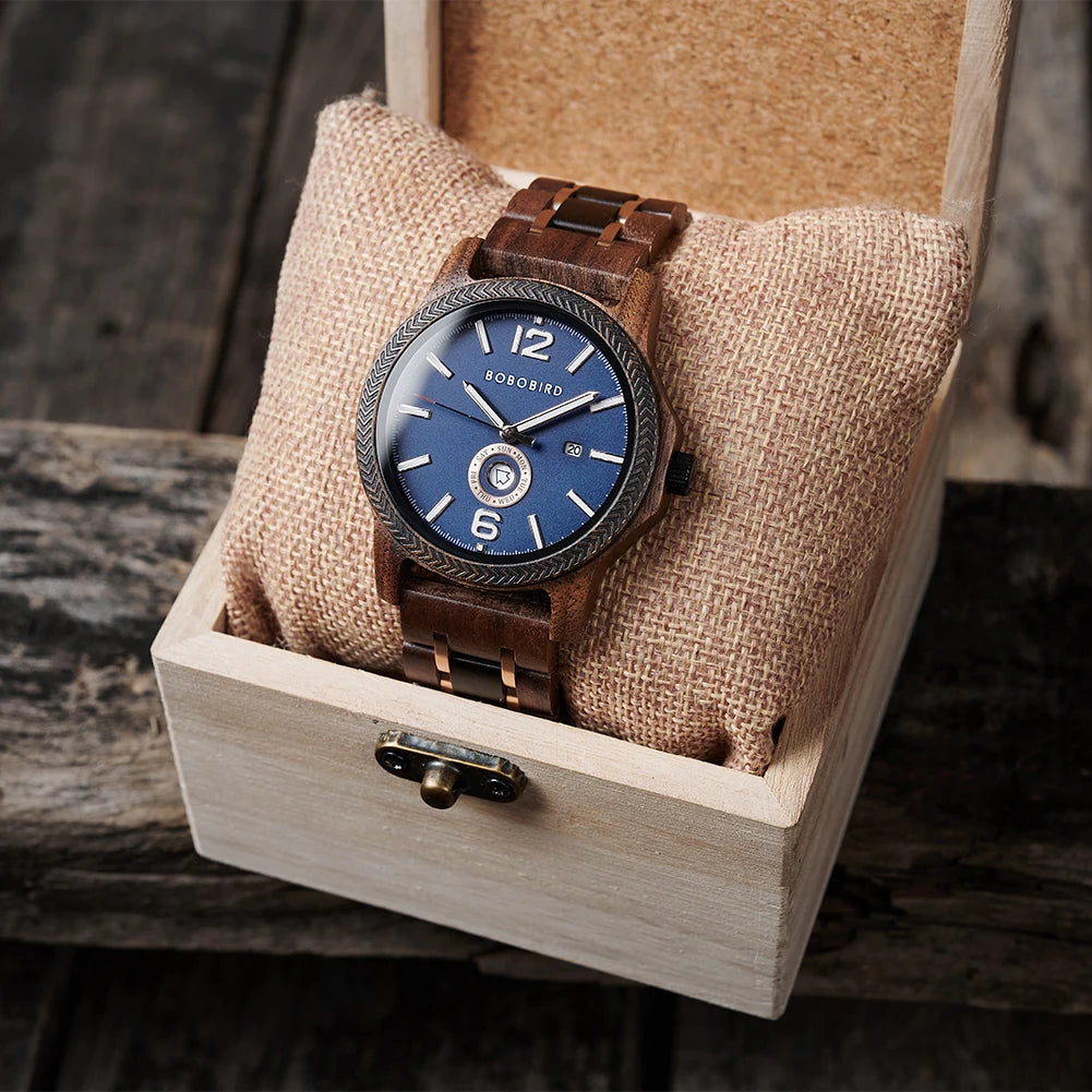 Wooden  Men's Watches BOBOBIRD New Fashion Japanese Movement Quartz Wristwatch Week Date Display Custom Name Brand Great Gift