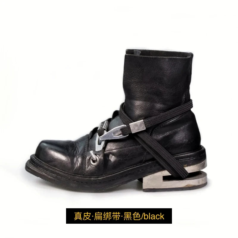 Fashion Men's Genuine Leather Motorcycle Boots Strange Metal Chunky Heel Mid-Calf Round Toe Elastic Band Western Boots Women