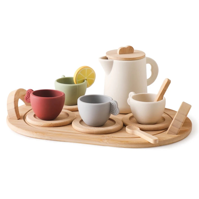 Juego de cocina Montessori de madera con tetera y taza de té para niños