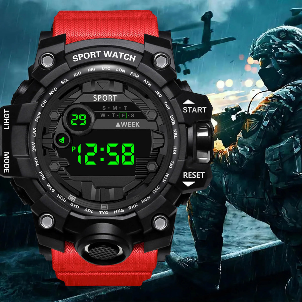 Reloj de pulsera electrónico deportivo de moda para hombre, reloj militar para niños con esfera grande multifuncional, impermeable y luminoso con alarma