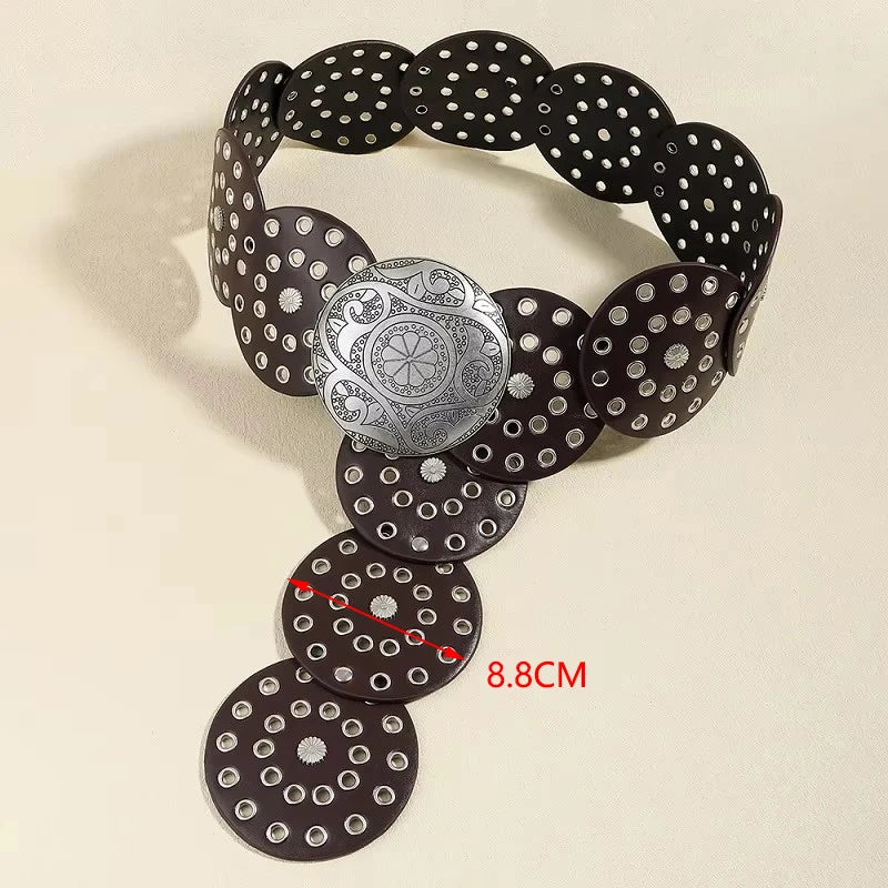 Cinturón de mezclilla estilo vaquero para mujer, metal de alta calidad, hueco, tendencia para damas, cintura ancha, vintage, personalizado, redondo, DT148