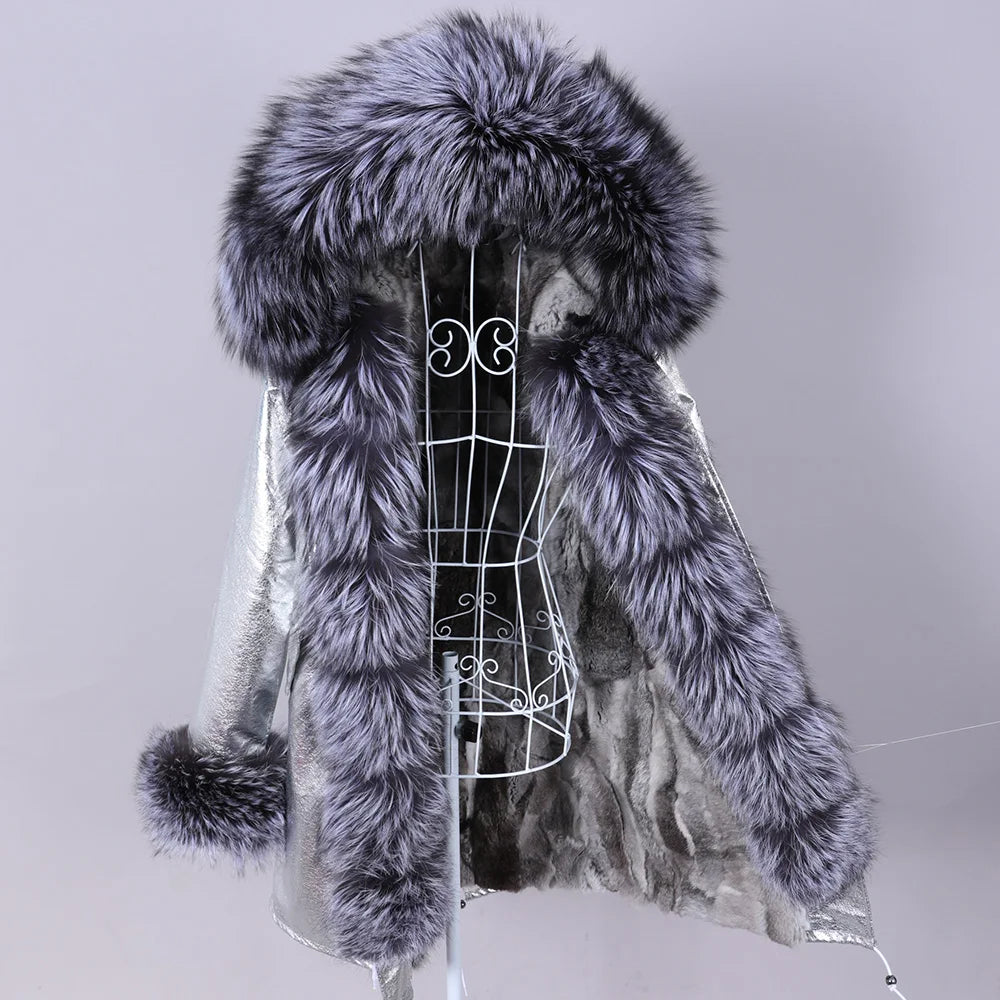 MAOMAOKONG 2026 Removable Real Fox Fur Collar Coats Woman Winter Jacket Hooded Rabbit Fur Lining Long Parkas Female Clothes