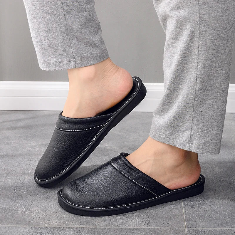 Vattentäta tofflor i konstläder för män, vintertofflor med päls för inomhusbruk, herrtofflor, tofflor för sovrummet, plus size 47 48