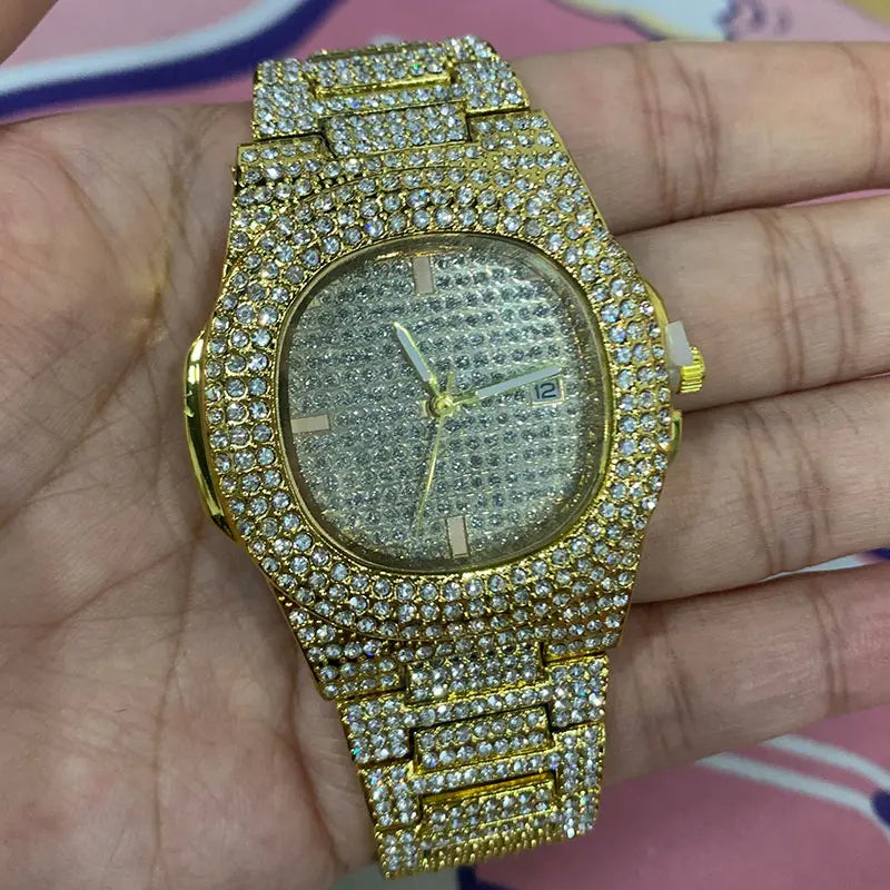 Reloj de moda unisex con diamantes, reloj de cuarzo de acero estilo hip hop, reloj de lujo de marca para hombre y mujer