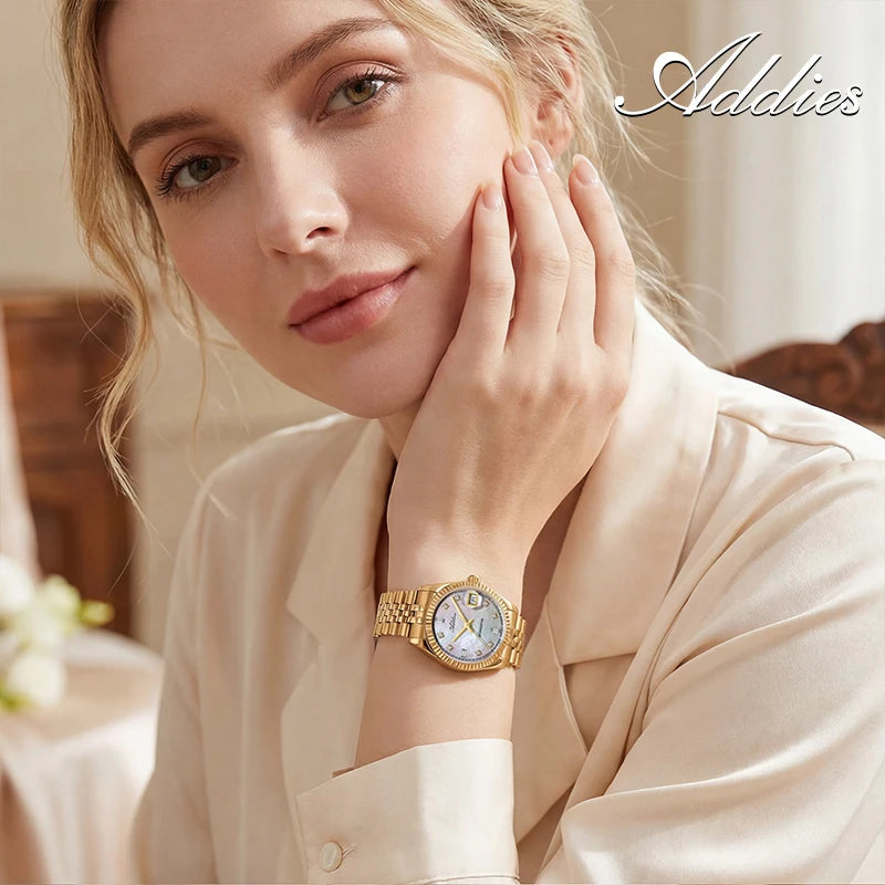 Reloj de lujo para mujer ADDIES de 28 mm, cristal de zafiro, resistente al agua 50 m, acero inoxidable 316L, reloj de cuarzo para negocios para mujer