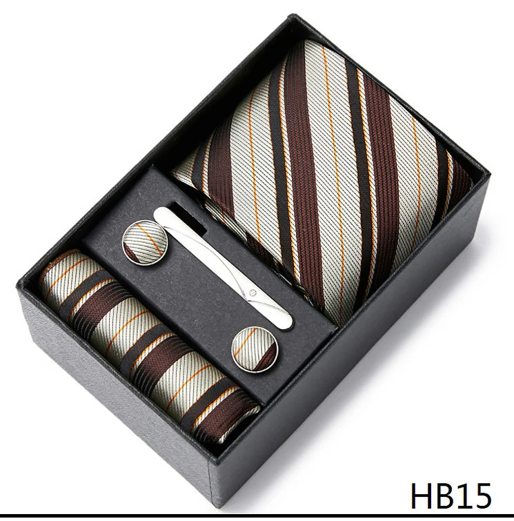 2023 Mode 7,5 cm breite Krawatten-Sets, schwarze Herren-Krawatte, Einstecktuch, Manschettenknöpfe, Krawattenklammer, Box, Hochzeitsgeschenk, handgefertigte Krawatte, Arbeitskleidung