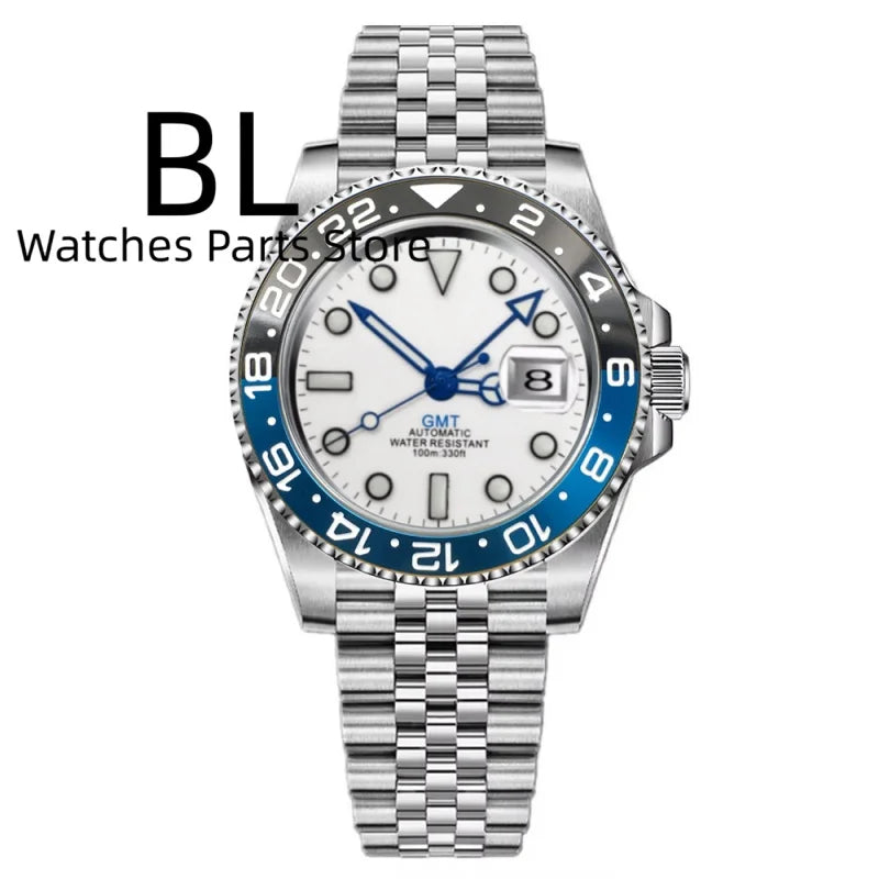 BLIGER 40mm Customizable Logo Blue GMT Watch for Men Black White Dial Green Luminous Sapphire Glass Waterproof Reloj Hombre Date