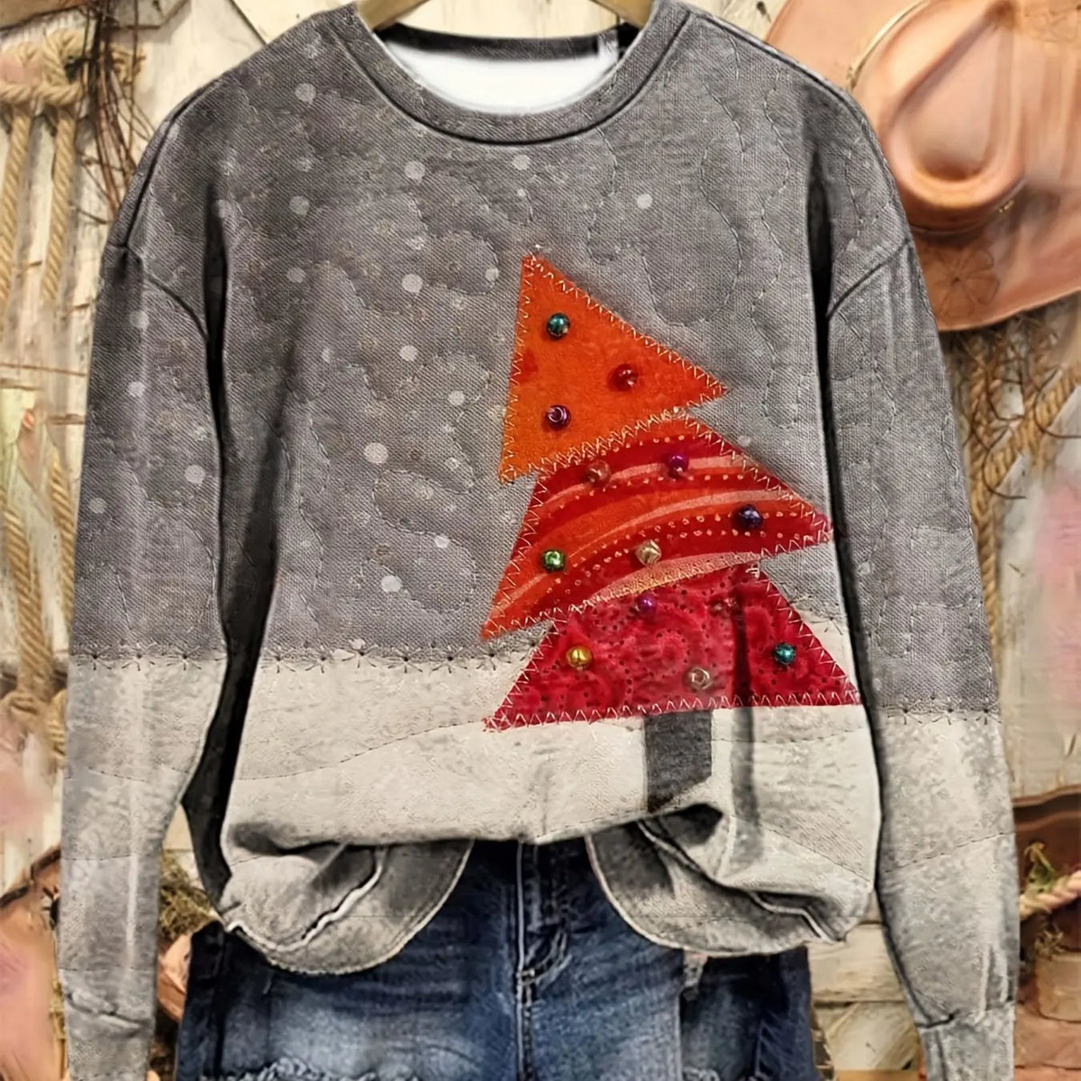Women Round Neck Long Sleeve Sweatshirt Christmas Tree Patchwork Print Festive Holiday Casual Party Daily Wear Women's Clothes