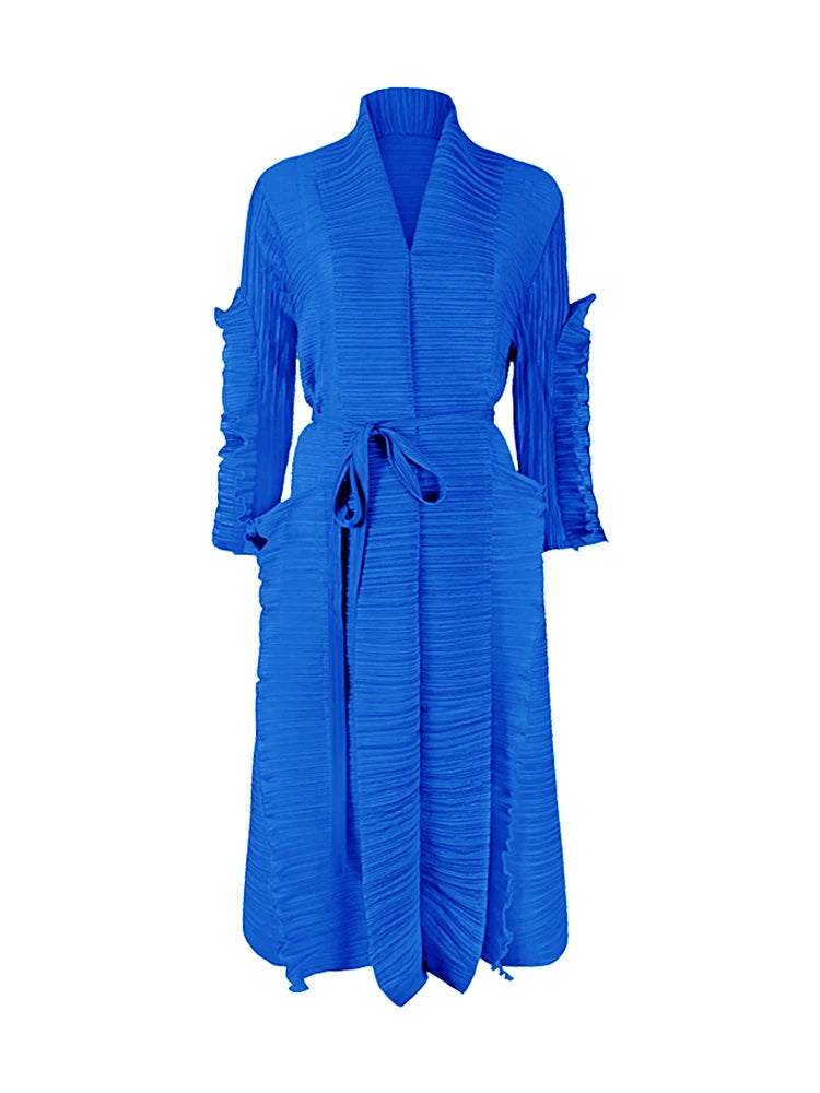 Miyake Pleated Petal Sleeve Dress Lapel Cardigan Sashes High Fashion Loose Long Dresses Fall 2022 Winter Women Designer Clothes