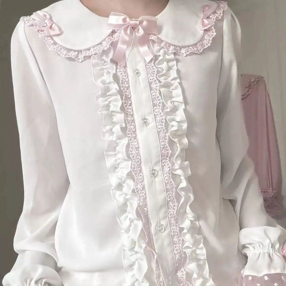 Japanese Sweet Lolita Polyester Blouse With Bow Lace Collar Women