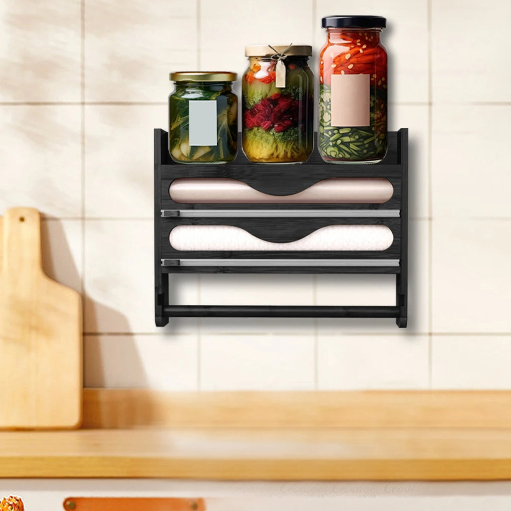 Caja de almacenamiento de bambú de 2 compartimentos con soporte para papel toalla de pared y cortador - Organizador de papel aluminio y plástico para cocina