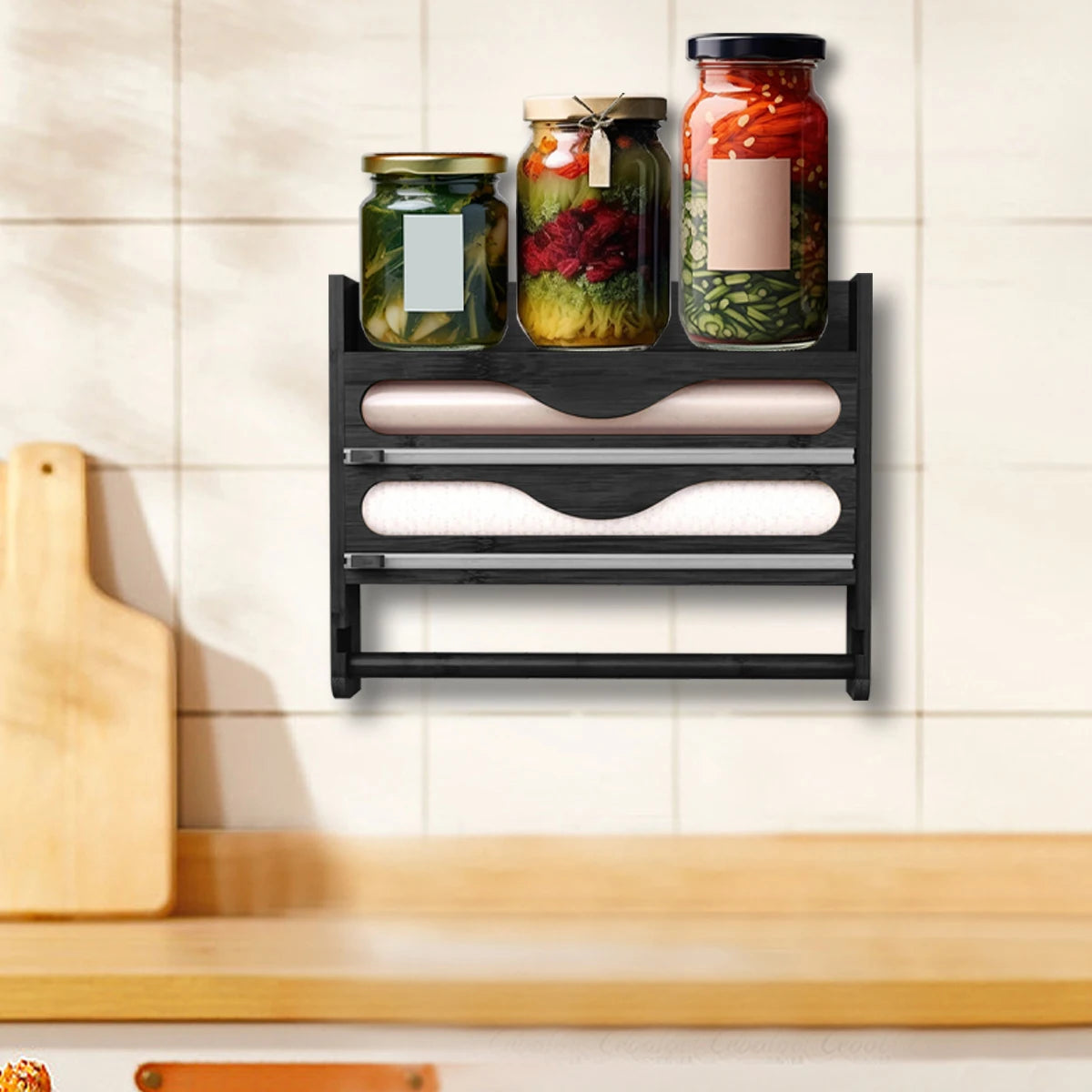 Caja de almacenamiento de bambú de 2 compartimentos con soporte para papel toalla de pared y cortador - Organizador de papel aluminio y plástico para cocina
