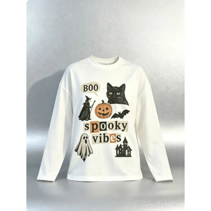 Women's Halloween Graphic Long Sleeve T-Shirt, Crew Neck Loose Fit Casual Top For Fall, Daily Wear, Halloween Parties