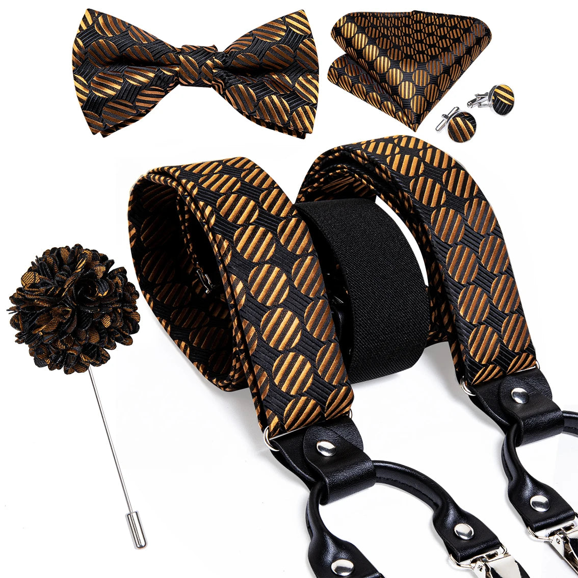 Luxury White Men's Suspenders Adjustable 6 Clips Braces DiBanGu Leather Metal Pre-Tied Bow Tie Brooch Pocket Square Set