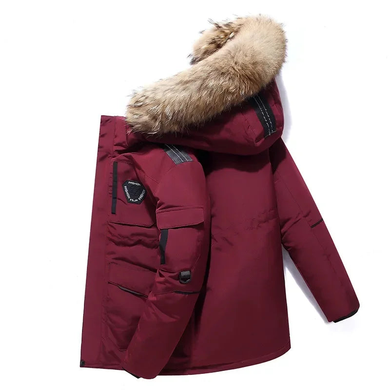 Men's Hooded Thick Cotton and Polyester Winter Jacket with Fur Collar