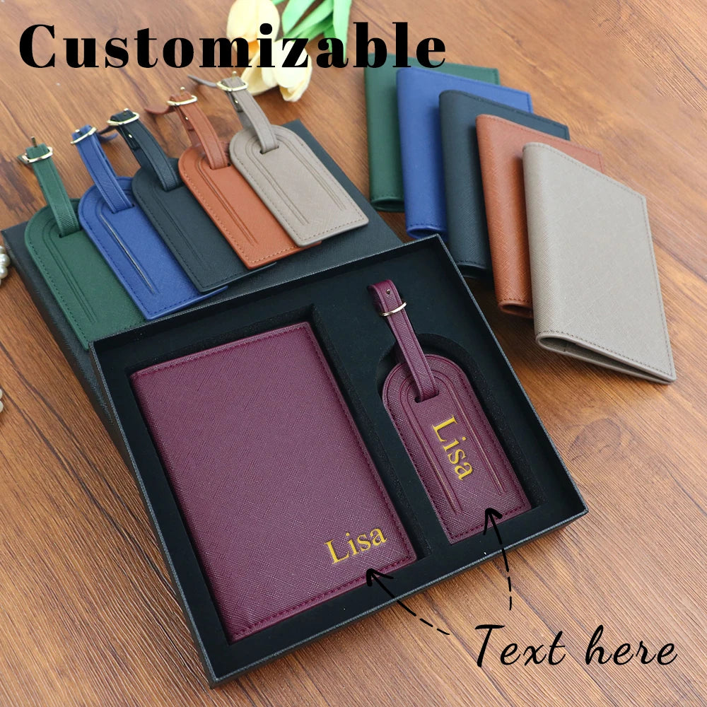 Set de nombre personalizado, porta pasaporte y etiqueta de equipaje de piel sintética Saffiano unisex en caja de regalo