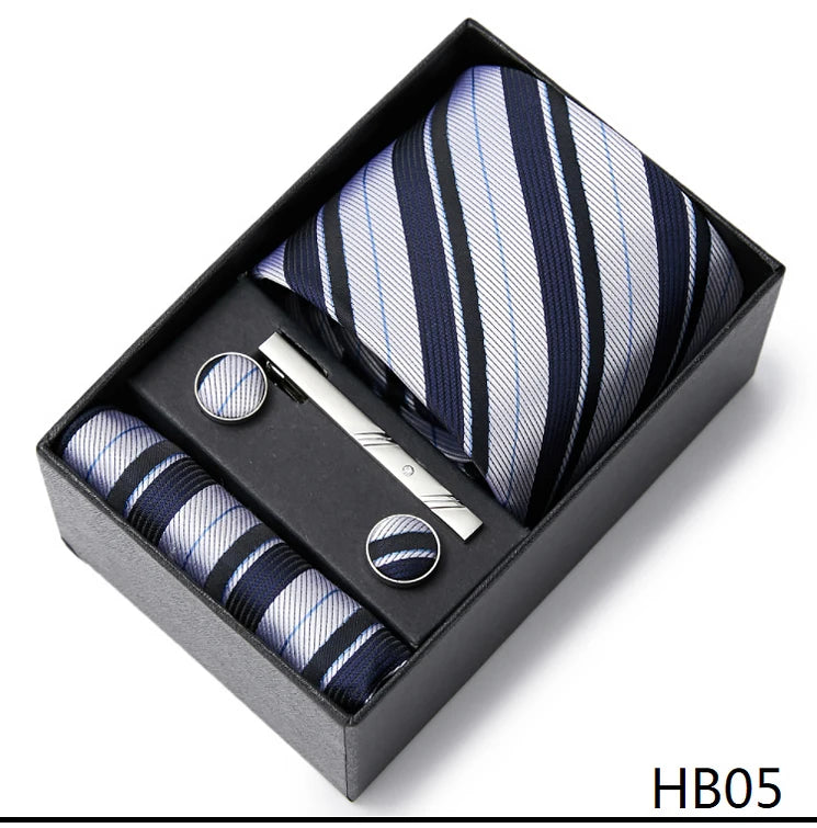 2023 Mode 7,5 cm breite Krawatten-Sets, schwarze Herren-Krawatte, Einstecktuch, Manschettenknöpfe, Krawattenklammer, Box, Hochzeitsgeschenk, handgefertigte Krawatte, Arbeitskleidung