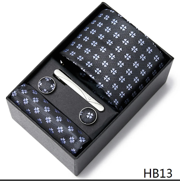 2023 Fashion 7.5 CM Width Tie Sets Black Men's Tie Hankerchiefs Cufflinks Clip Box Wedding Gift Handmade Necktie Work Clothing