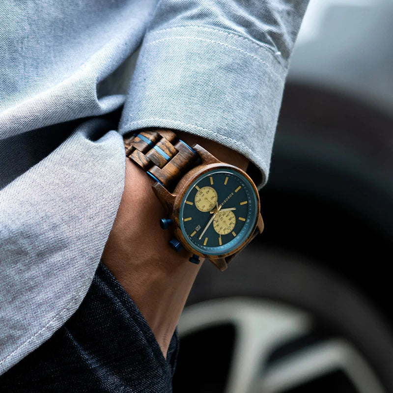 BOBO BIRD Wood Watch Men Business Quartz Watches Engraved Wooden Chronograph Wristwatch With Date Display Custom Reloj Madera