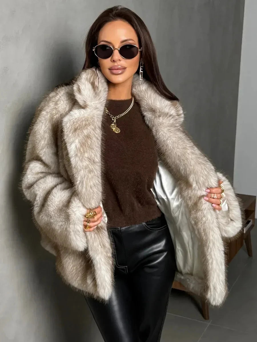 IG Women's Faux Fur Coat with Lapel Collar and Side Pockets