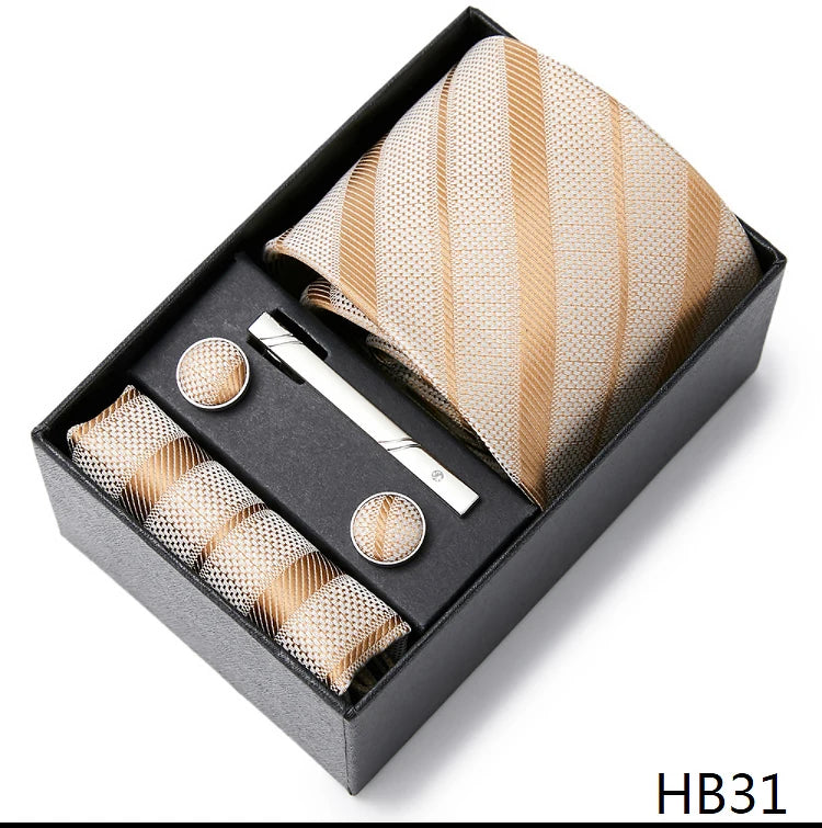 2023 Mode 7,5 cm breite Krawatten-Sets, schwarze Herren-Krawatte, Einstecktuch, Manschettenknöpfe, Krawattenklammer, Box, Hochzeitsgeschenk, handgefertigte Krawatte, Arbeitskleidung