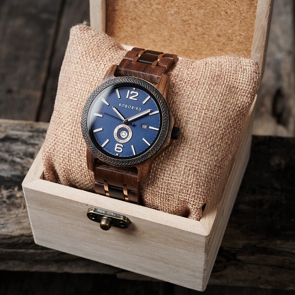 Wooden  Men's Watches BOBOBIRD New Fashion Japanese Movement Quartz Wristwatch Week Date Display Custom Name Brand Great Gift