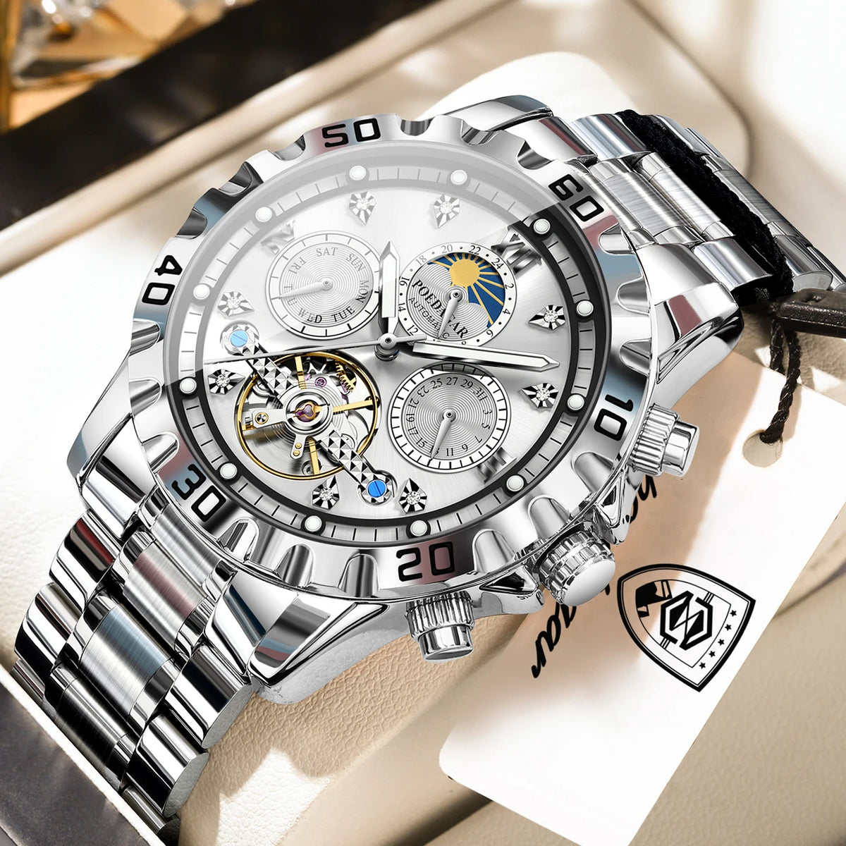 POEDAGAR Lovers Wristwatch Mechanical Waterproof Boyfriend Watch Hollow Tourbillon Automatic Stainless Steel Men's Watches Reloj