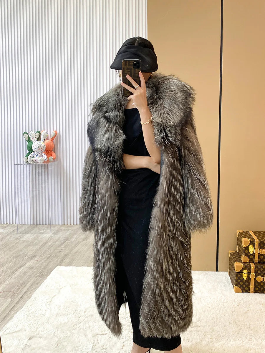 Winter New Ladies 100% Natural Fox Fur Coat With Stripes Long Cardigan Luxury Elegant Plus Size Clothes Coat Can Be Customized