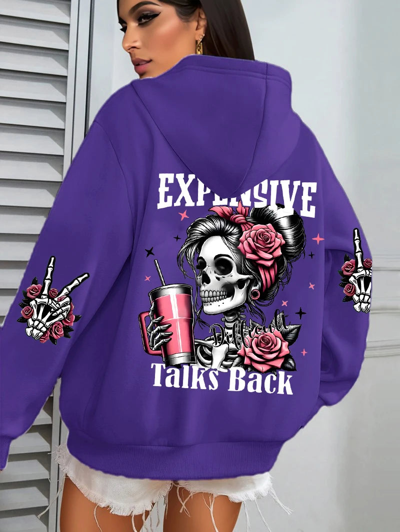 Damska bluza z kapturem "Expensive Talks Back", zabawny nadruk, luźny krój, wielokolorowa, z polarem, jesienna, sportowa, codzienna, z kieszenią.