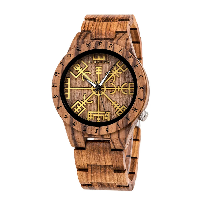 BOBO BIRD Watches for Man Viking Odin Rune Men Quartz Wristwatches Cultural Totem Dail With Wooden Strap Reloj De Hombre