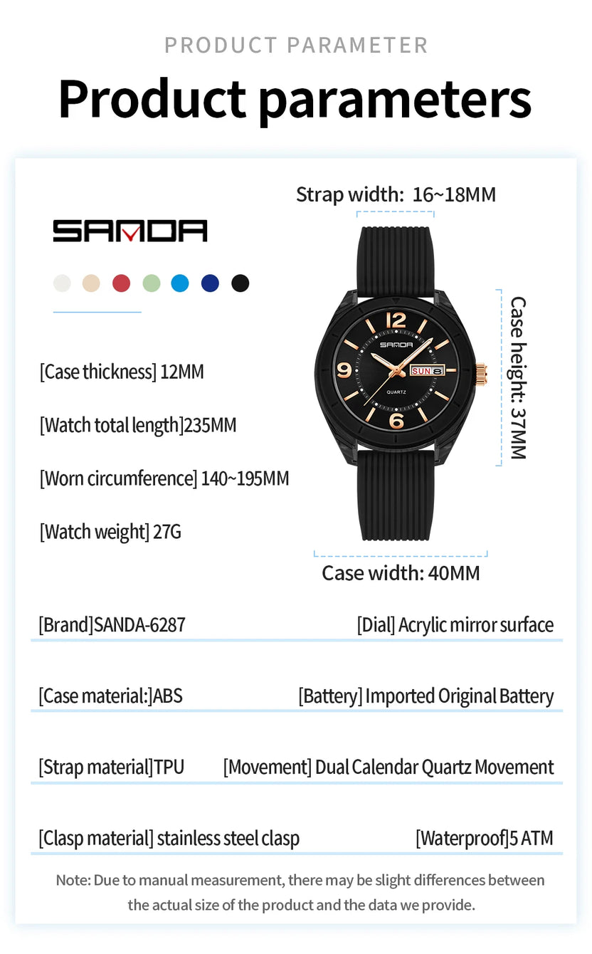Reloj deportivo de cuarzo SANDA 6287 con luz nocturna y resistente al agua