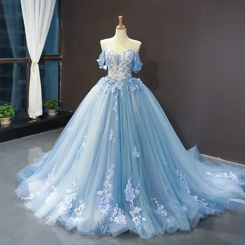 Blue Quinceanera Dresses New Classic Off the Shoulder Princess Prom Dress Lace Appliques Ball Gown With Small Train Custom Size