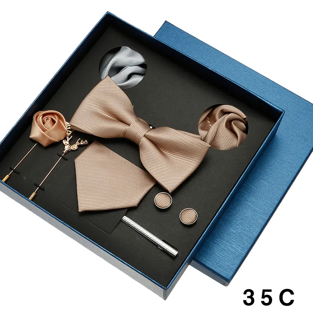 Men Tie Silk Necktie Man Bowtie Hanky Brooches Cufflinks and Tie Clip for Men Accessories Red Burgundy Wedding Tie Gifts Set