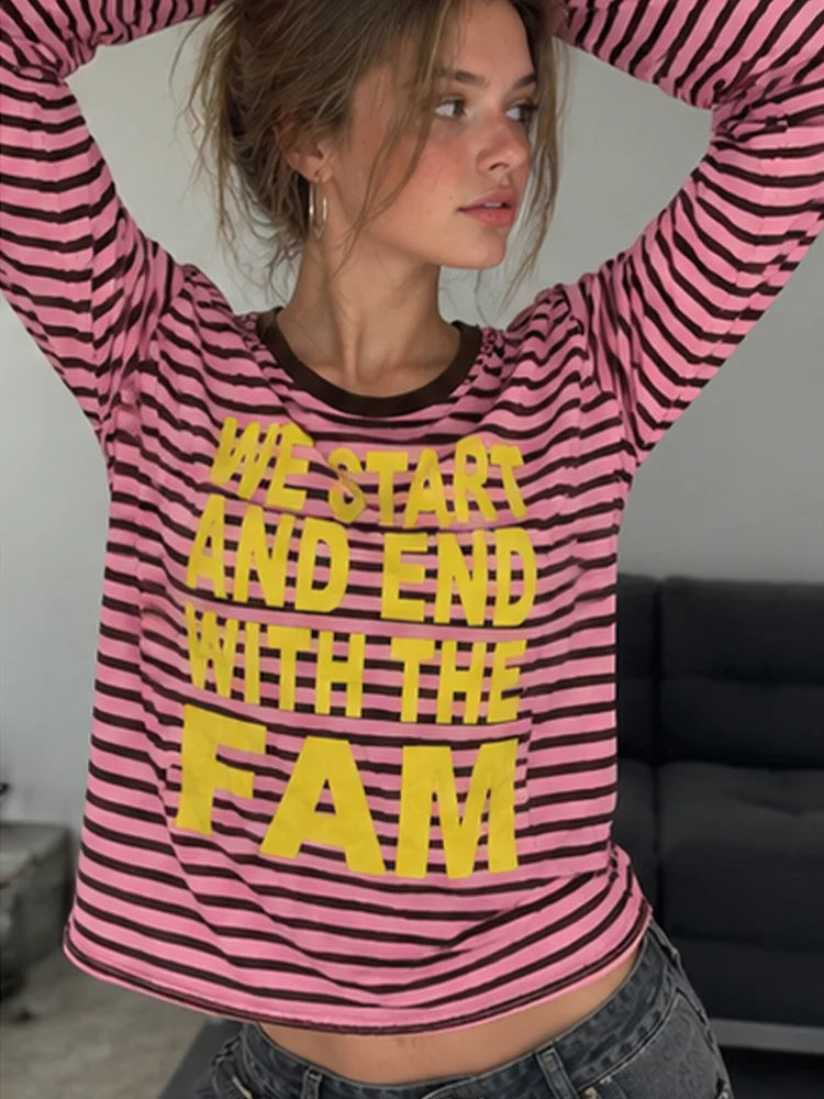Women Letter Print Striped Long Sleeve T-shirt Crew Neck Loose Fit Pink Black Stripe Y2K Casual Streetwear Ladies Tops