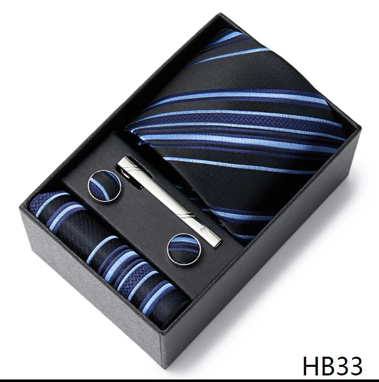 2023 Fashion 7.5 CM Width Tie Sets Black Men's Tie Hankerchiefs Cufflinks Clip Box Wedding Gift Handmade Necktie Work Clothing