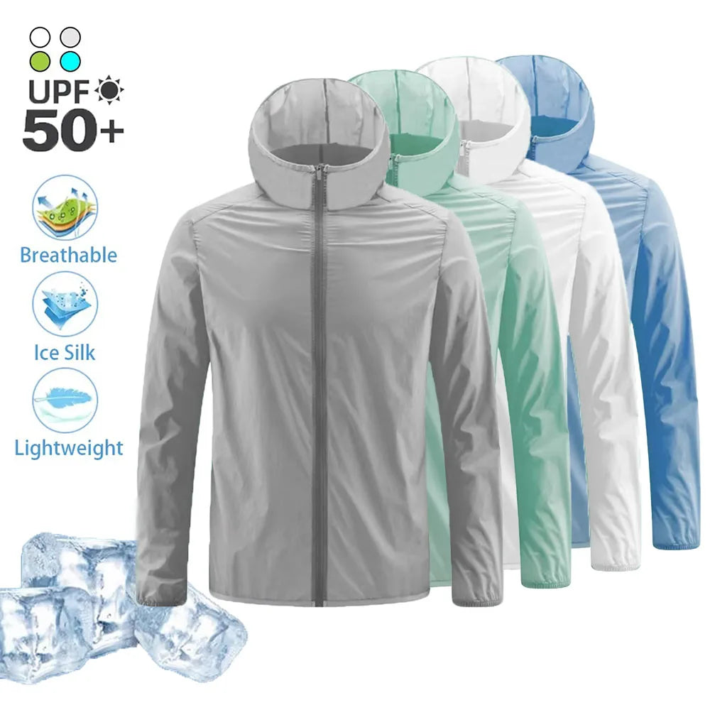 Chaqueta de verano para hombre con protección solar, ligera, transpirable, de seda de hielo, con capucha, de secado rápido, resistente a los rayos ultravioleta para exteriores.