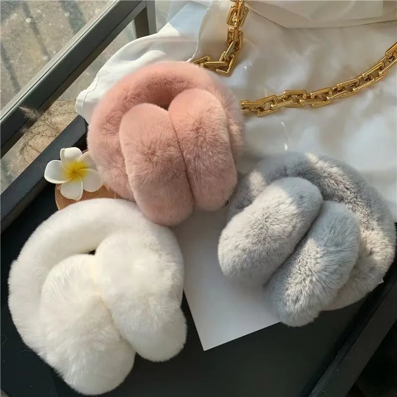Ear Muffs for Women Winter EarWarmers Soft Warm Cable Furry Real Rex Rabbit Ear Covers for Cold Weather – grey, beige, grey1