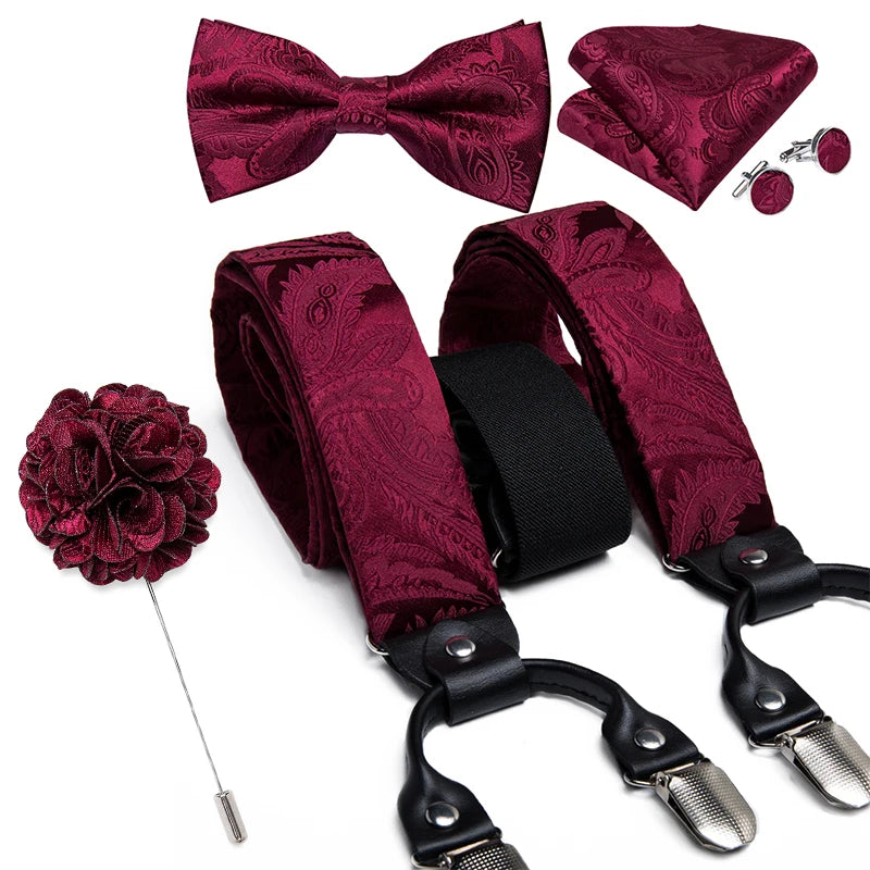 Luxury White Men's Suspenders Adjustable 6 Clips Braces DiBanGu Leather Metal Pre-Tied Bow Tie Brooch Pocket Square Set