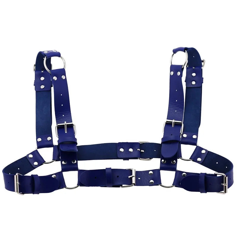 Arnés de pecho punk sexy para mujer y hombre, cadena corporal de metal enjaulado ajustable, gargantilla de cuero sintético, collar llamativo para fiesta y clubwear