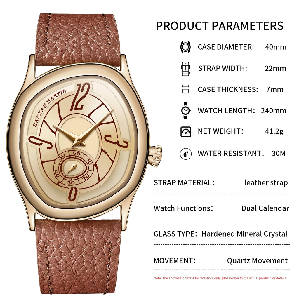 HANNAH MARTIN Women & Men Watch 40mm Timing Sub Dial Couple Luxury Brand Quartz Movement Black Gift Box Wristwatch 1Set Relogio