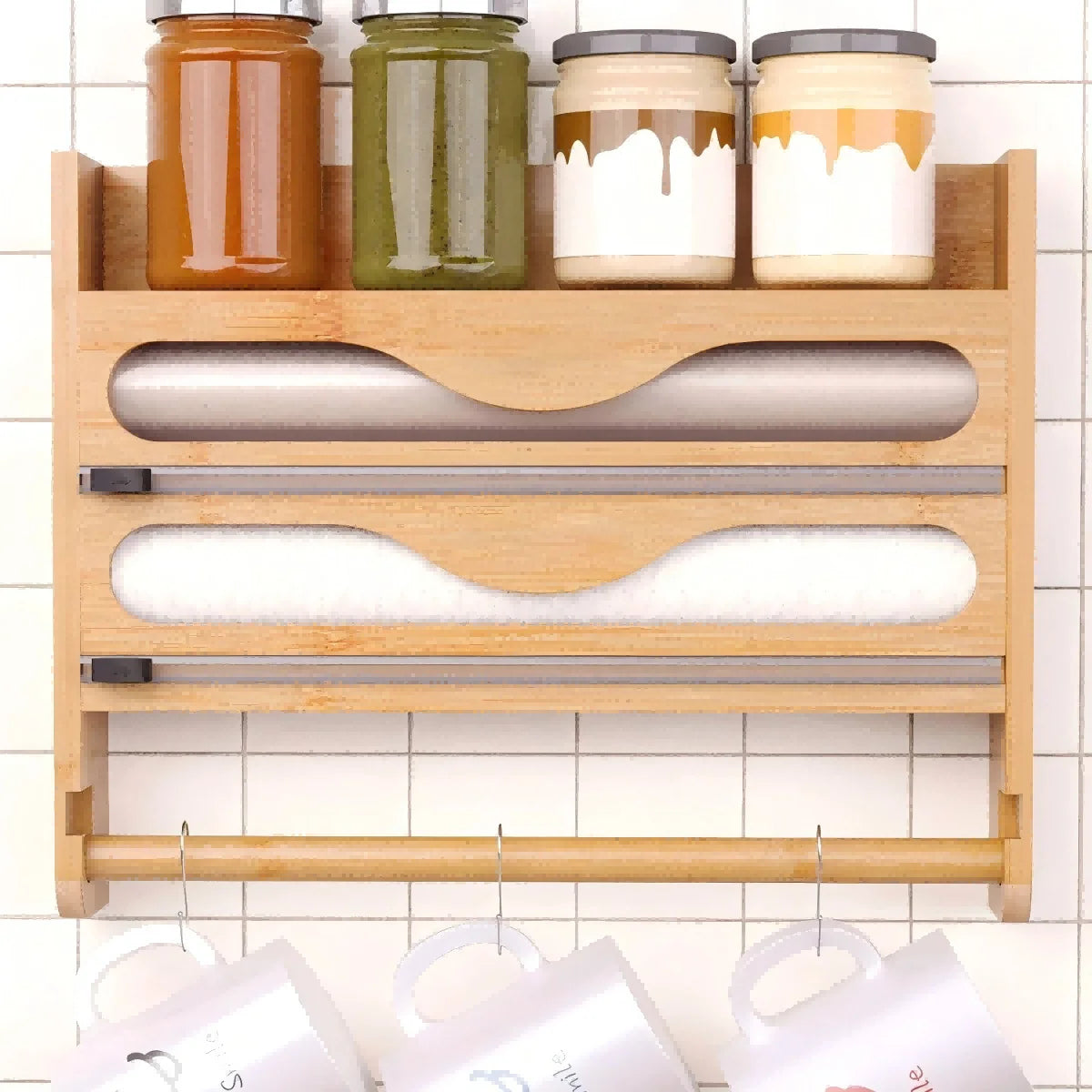 Caja de almacenamiento de bambú de 2 compartimentos con soporte para papel toalla de pared y cortador - Organizador de papel aluminio y plástico para cocina
